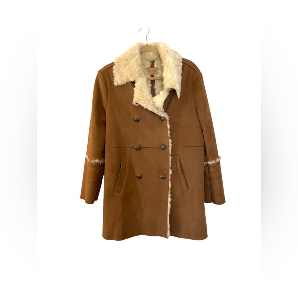 South Moon Under Driftwood Faux Suede &
Shearling Tan Button Up Long Coat Sz Med